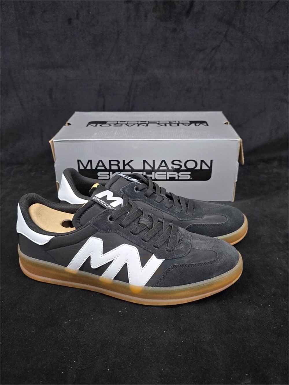 Mark Nason Men’s Black Suede Sneakers with White MN Logo and Gum Sole Mens 9